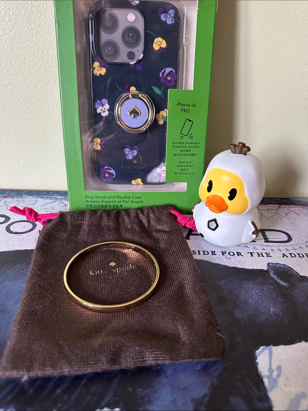 Kate spade bangle with Dust bag, phone case, New Crossbody strap  and a duck